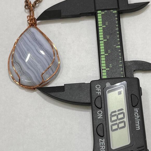 Handmade Blue Lace Agate Necklace in Copper Wire Wrapped Oval Cabochon Pendant - Picture 2 of 3